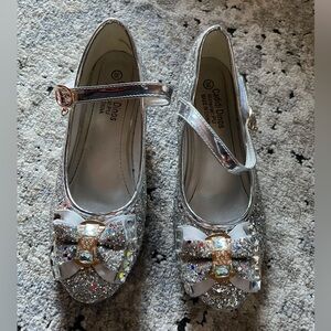 Glitter Mary Jane Flats Rhinestone Bow Silver Girls Size 36